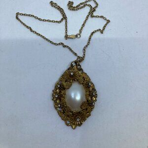 Vtg MIRIAM HASKELL ? brass filigree faux pearl pendant chain necklace